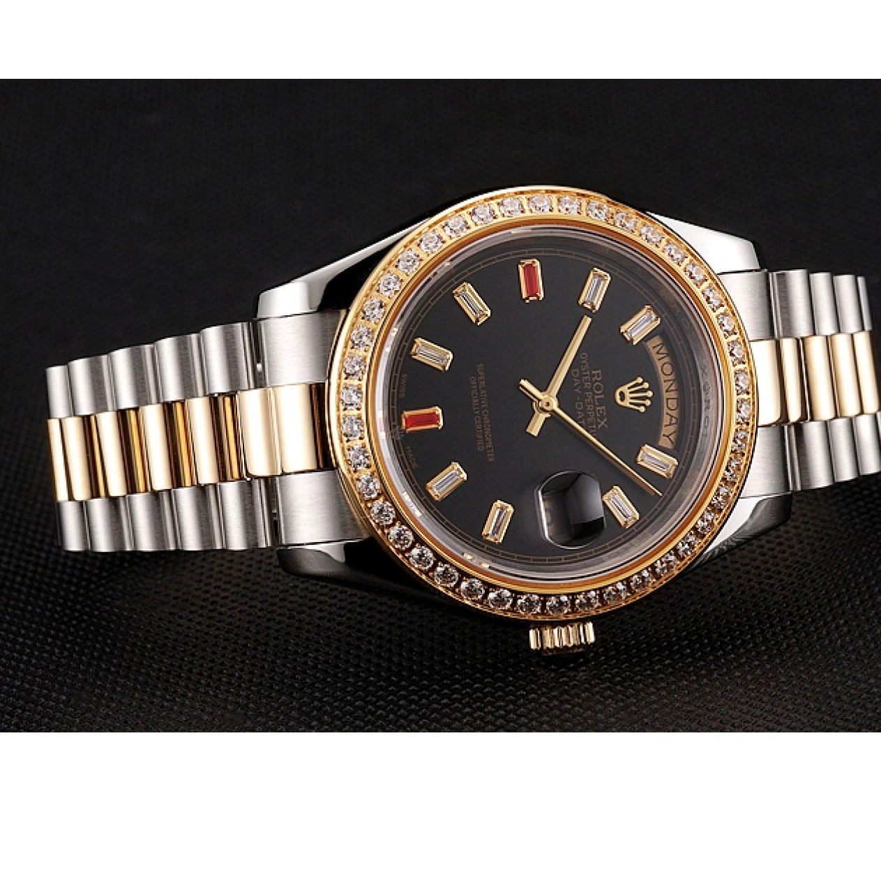 Aaa replica watch Bracelet Diamonds Black Rolex Rubies Swiss And Dial Tone Day-Date 1454105 Two 0728